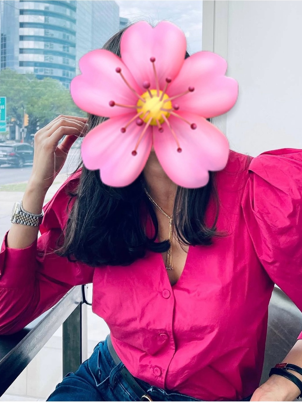 Mango Women's Button-Down Puff Sleeve Top - Fuchsia - Picture 4 of 4